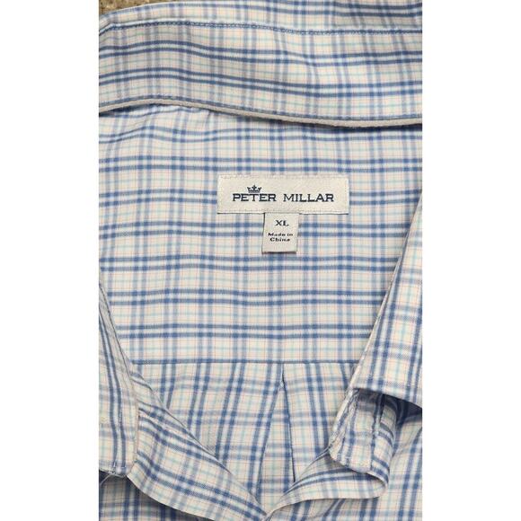 Mens Peter Millar Button Down Shirt Blue Checkered XL With Pocket - Picture 2 of 7